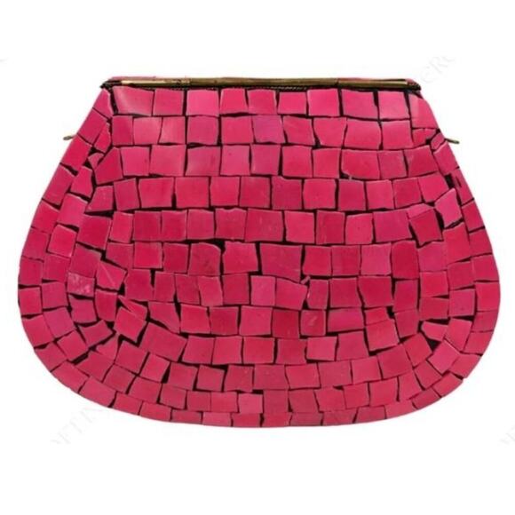 NEW Women's Glossy Pink Mosaic Tiles Gold Accents Semi-Circle Design Clutch - Picture 2 of 9